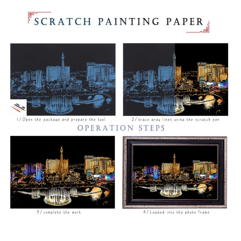 BOTEEN Scratch Rainbow Painting Art Paper,Scratch&Sketch Art for Adults,Scratch Painting Gift Engraving Art&Craft Set,Scratchboard with 4 Tools,16''x11''(Las Vegas,Tower Bridge) - Image 3
